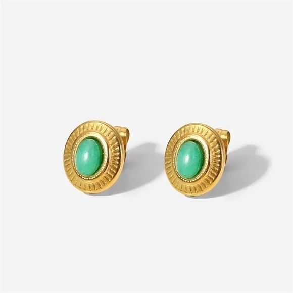 18k Gold Plated Jade Stud Earrings - Picture 2 of 7